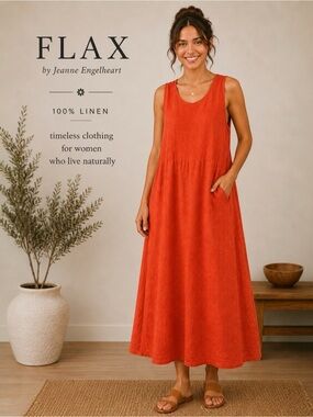 FLAX Linen Orange Lagenlook Midi Tank Dress Sleeveless Pockets Coastal Sz Medium